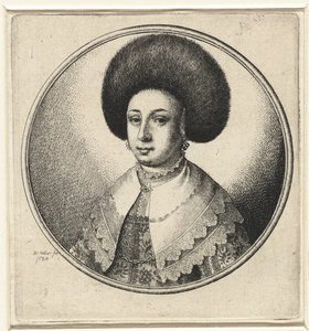 レースの襟、イヤリング、毛皮の帽子をかぶった女性 丸枠の女性バスト（シリーズタイトル） 作： Wenceslaus Hollar