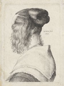 斜め後ろから見た髪をまとめた女性 作： Wenceslaus Hollar