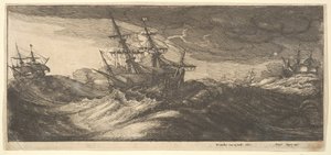 軍艦と噴き出すクジラ、1665 年。 作： Wenceslaus Hollar
