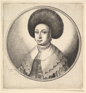 大きな円形の毛皮の帽子とイヤリングを持つ女性、1645年。 作： Wenceslaus Hollar