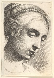 真珠のひもを右下向きに見た髪の女性、1645 作： Wenceslaus Hollar