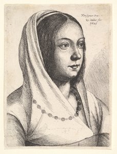ボンシニョーリ、1645年後、頭にスカーフを付けた若い女性。 作： Wenceslaus Hollar