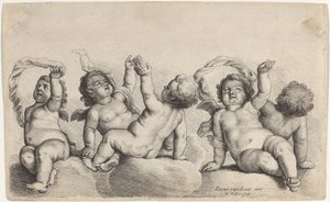 3 人のケルビムと 2 人の男の子がそれぞれ雲の上で片腕を上げている 作： Wenceslaus Hollar, after Peeter van Avont