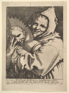 彼女の指を通して見ている女の子とばか。 作： Werner Jacobsz. van den Valckert