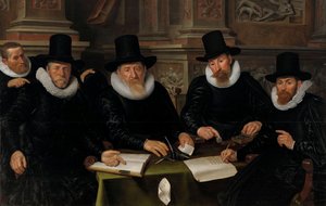 1624年のアムステルダムレーパーズアサイラムの4人の摂政と「ハウスファーザー」 作： Werner Jacobsz van den Valckert