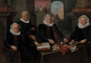 3 人の摂政とアムステルダム ライパーズ アサイラムの「ハウス マザー」 3 人の摂政とアムステルダムの Leper-House の女主人 作： Werner van den Valckert