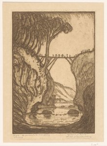 バリ島の川峡谷に架かる木製の橋 危険な移行 (原題) 作： Wijnand Otto Jan Nieuwenkamp (signed by artist)