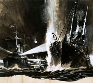 人間と機械戦いを始めたスパイ（紙にガッシュ） 作： ウィルフ (20 世紀) ハーディ