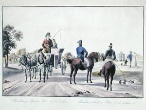 アダム・フォン・バルチュ（1757-1821）による1804年の彩色彫刻「ウィーン、プラーター公園での乗馬 作： Wilhelm Alexander (after) Kobell