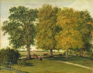 秋の木々の下に牛がいる羊飼い、1821年頃（厚紙に油を塗った紙に油彩） 作： Wilhelm Alexander Kobell