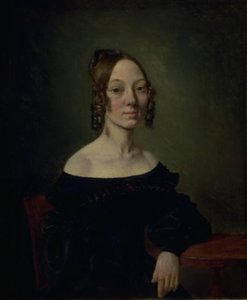 テーブルに座っている黒いドレスを着た少女の肖像画 作： Wilhelm Bendz