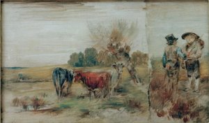二重画像：牧草地の牛、2人の農民が話している 作： Wilhelm Busch