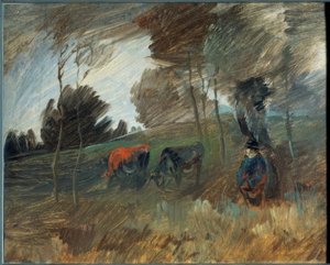 赤い牛と牧草地の風景 作： Wilhelm Busch