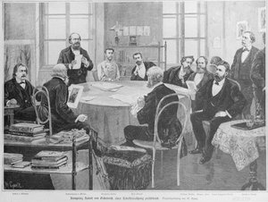 編集会議での皇太子ルドルフ（木版画） 作： Wilhelm Gause