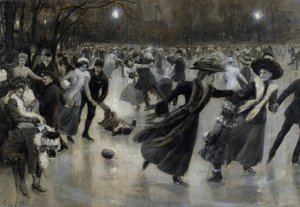 「ベルエポックのスケーターたちを描いたウィルヘルム・ゴーズ（1853-1916）の作品「氷上のパーティ 作： Wilhelm Gause