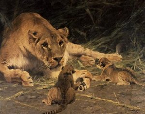 雌ライオンとその子ライオン 作： Wilhelm Kuhnert