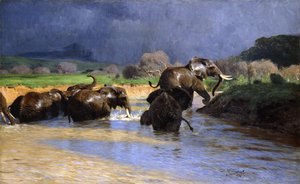 象の入浴;象の水浴び、1908年 作： Wilhelm Kuhnert