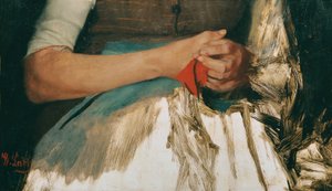 青いエプロンに赤い布を持った両手 作： Wilhelm Maria Hubertus Leibl
