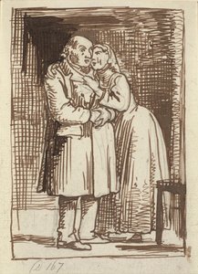 ずさんな妻 年老いた夫に急いで話しかけ、首に腕を回す妻 作： Wilhelm Marstrand