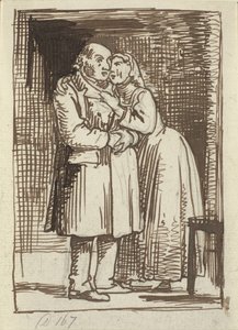 ずさんな妻 年老いた夫に急いで話しかけ、首に腕を回す妻 作： Wilhelm Marstrand