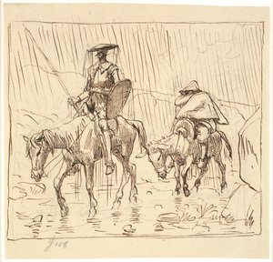 土砂降りの雨の中、ドン・キホーテとサンチョ・パンサが乗る