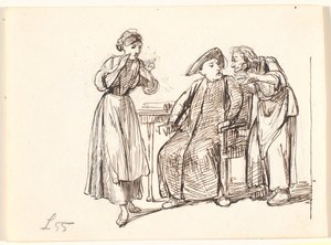 司祭と話す老婆、テレビ。 若い女性 作： Wilhelm Marstrand