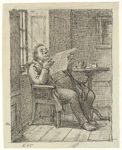 コーヒーを飲みながら新聞を読む太った紳士 作： Wilhelm Marstrand
