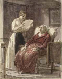 若い女の子が赤いフロックコートを着た老人に手紙を声に出して読んでいる 作： Wilhelm Marstrand