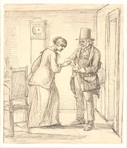 郵便配達員から手紙を受け取る若い女性 作： Wilhelm Marstrand