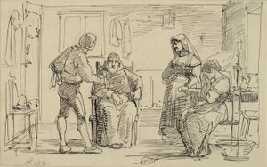 若い男性が座っている僧侶に何かを説明しているインテリア。 泣く女と老婆 作： Wilhelm Marstrand