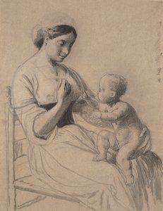 膝の上に裸の子供を乗せたイタリア人女性 作： Wilhelm Marstrand
