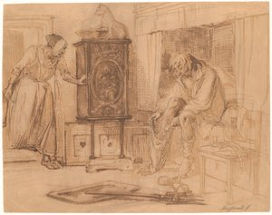ニールはジェッペがズボンを片足に乗せて寝ているのを見つけた 作： Wilhelm Marstrand