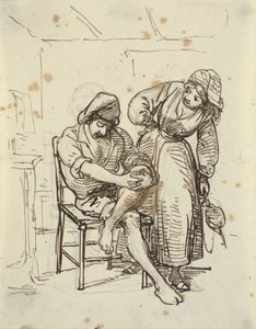 女の子は椅子に座っている若い漁師を見る 作： Wilhelm Marstrand