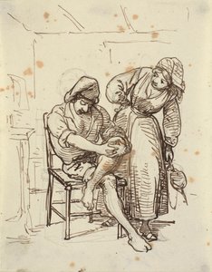 女の子は椅子に座っている若い漁師を見る 作： Wilhelm Marstrand