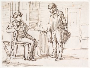 座っている若い男性と立っている年配の男性の間の会話 作： Wilhelm Marstrand