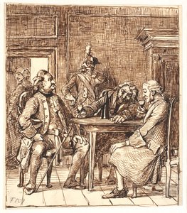 産科病棟の様子。 コルフィッツは将校とイェンス・オルセンと一緒にラインワインを飲む 作： Wilhelm Marstrand