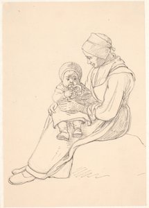 膝の上に子供を乗せたスウェーデンの女の子 作： Wilhelm Marstrand