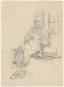窓辺に座って服を縫うスウェーデンの女の子 作： Wilhelm Marstrand