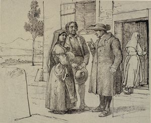 家の外で、僧侶が若い夫婦に説教している 作： Wilhelm Marstrand