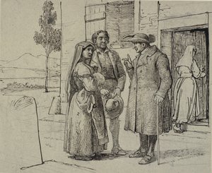 家の外で、僧侶が若い夫婦に説教している 作： Wilhelm Marstrand