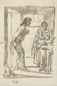若い漁師が若い女の子のドアに入る 作： Wilhelm Marstrand
