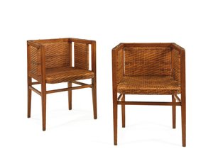 アームチェアのペア、1902年頃（オークと籐） 作： Wilhelm Schmidt
