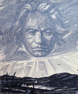 ベートーベンの天才へのオマージュ、「Simplicissimus」誌のイラスト、ミュンヘン1920年（リソ） 作： Wilhelm Schulz