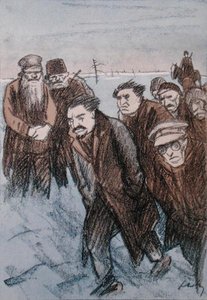 シベリアのレオン・トロツキー（1879-1940）の似顔絵、「シンプリシシムス」誌、1928年1月（カラーリソ） 作： Wilhelm Schulz