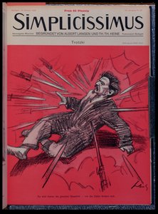 レオン・トロツキー (1879-1940) の風刺画、1928 年 10 月の雑誌「Simplicisissimus」より、攻撃を受けている (カラー リソ) 作： Wilhelm Schulz