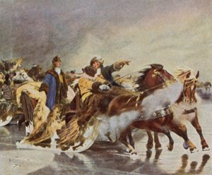 1679年1月、キュロニア潟を渡るグレート・エレクトール号（エンハンスト・カラーリトグラフ） 作： Wilhelm Simmler