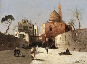 日本語: モスク、ミナレット、商人が前庭に立つ東洋の街並み。 作： Wilhelm Sohn