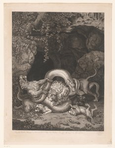 ライオンと雌ライオンが子供をヘビから守る 作： Wilhelm Tischbein