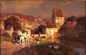 川のほとりの馬と馬車 作： Wilhelm Velten