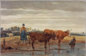 水で牛を放牧と農民の女性 作： Wilhelm von Kobell